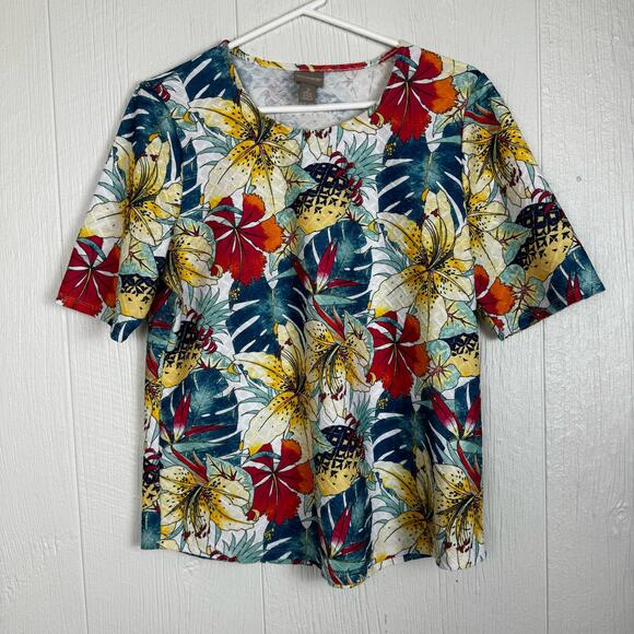 Chicos Tropical Printed Gauzy Textured Short Sleeve T Shirt Size 2 or US Size Lg - Picture 7 of 7